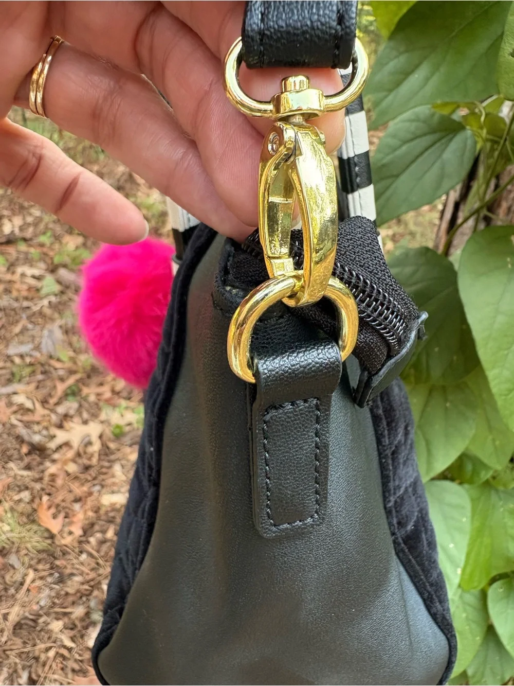 Luv Betsey Johnson Black Velvet Tote with Striped Handles and Hot Pink Pom Charm